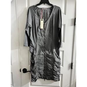 XCVI Wearables Gray Ruched Zip Front Dress NWT Stretchy Artsy Modern Sz L Grunge